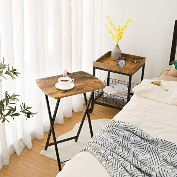 HOOBRO Side Table, Folding Tray Table, Snack Dinner Tables for Eating at Couch, Sofa End Table for Small Space, Living Room, Industrial, Easy Storage, Stable Metal Frame, Rustic Brown EBF17BZ01