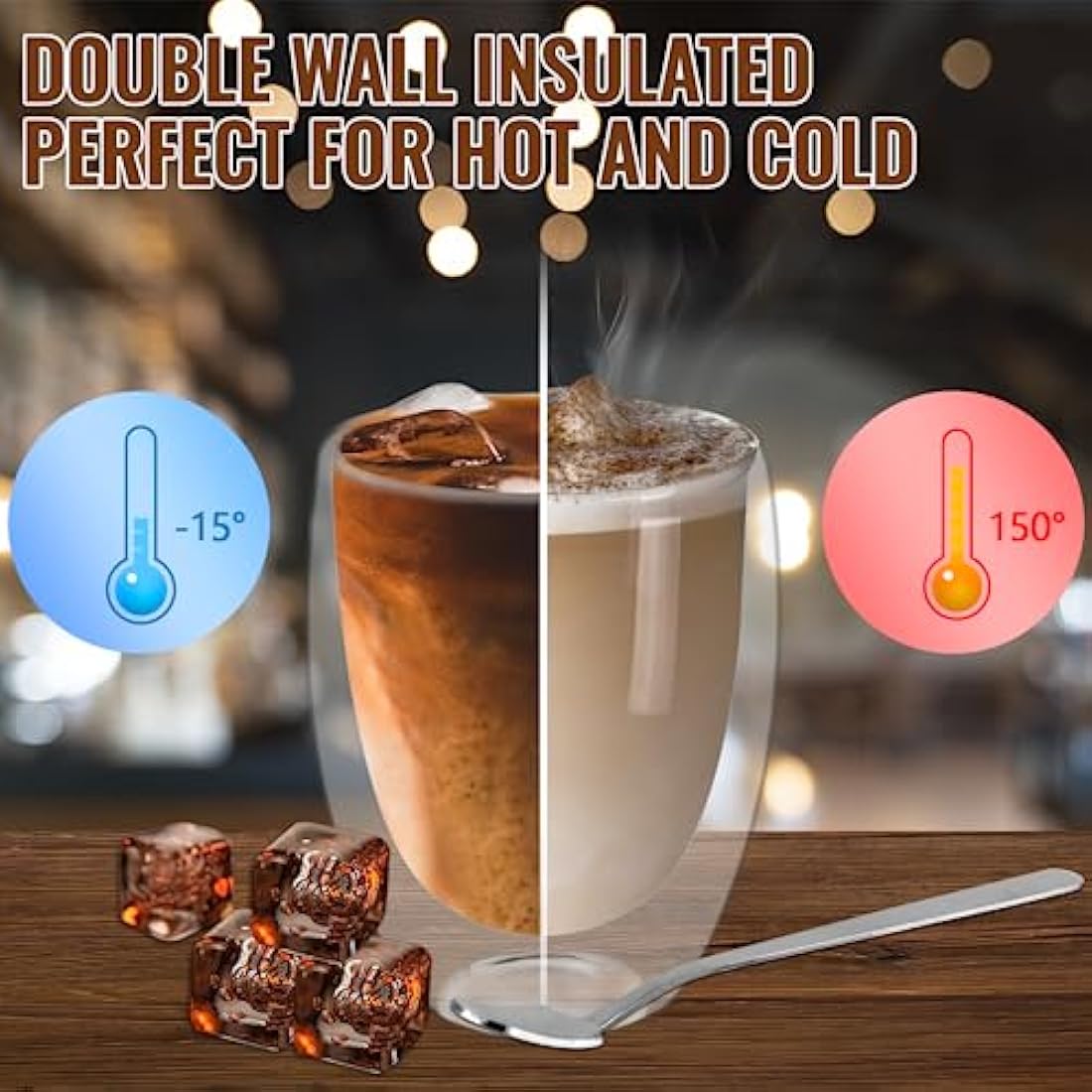 6x350ml Double Walled Glass Coffee Mugs with Spoon, Heat Resistant, Clear Double Glass Coffee Cups for Cappuccino Latte Tea Juice Milk Ice Cream