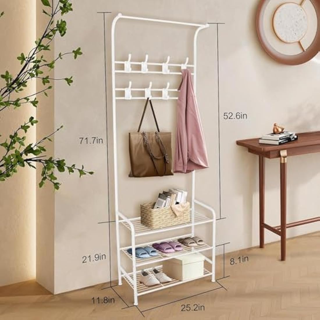 Innotic Coat Rack Stand with Shoe Rack and Removable 16 Hooks Free Standing Hall Tree Matte Steel Frame Hat Rack Coat Stand for Storage, White