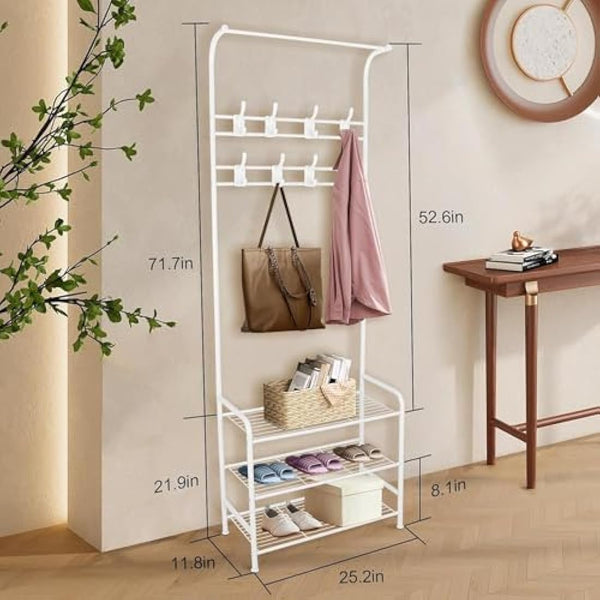 Innotic Coat Rack Stand with Shoe Rack and Removable 16 Hooks Free Standing Hall Tree Matte Steel Frame Hat Rack Coat Stand for Storage, White