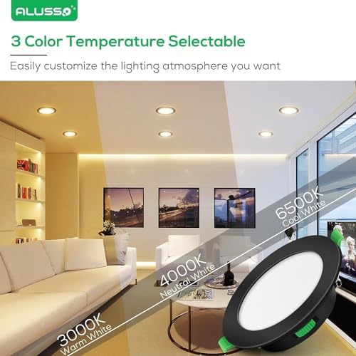 ALUSSO LED Recessed Ceiling Lights, 7W 480LM LED Downlights Dimmable, 30MM Ultra Slim Round Black Spotlights, Warm White/Neutral White/Cool White Adjustable, IP44 Waterproof for Bathroom, 12 Pack