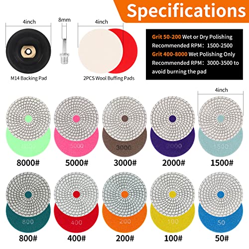 14PACK Diamond Polishing Pads with M14 Backer Pad, 100mm Wet Dry Stone Granite Tile Polish Pad Kit for Drill, Grinder, Polisher, 50-8000 Grit Sanding Pads for Concrete Marble Countertop Quartz