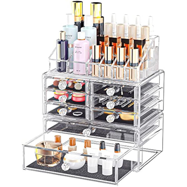 iPEGTOP Large Clear Acrylic Cosmetic Make up Organiser, 3 Tier Stackable 8 Drawers Makeup and Jewelry Storage Boxes Lipsticks Nail Polish Brushes Display Organizer for Bathroom Counter Dresser