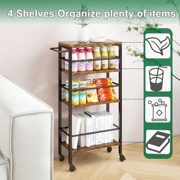IBUYKE Slim Rolling Cart,4-Tier Metal Kitchen Storage Trolley,Trolley cart on Wheels for Narrow Space,with Handle and Wooden Tabletop,for Kitchen, Dining Room,Laundry Room,Rustic Brown TMJ065H