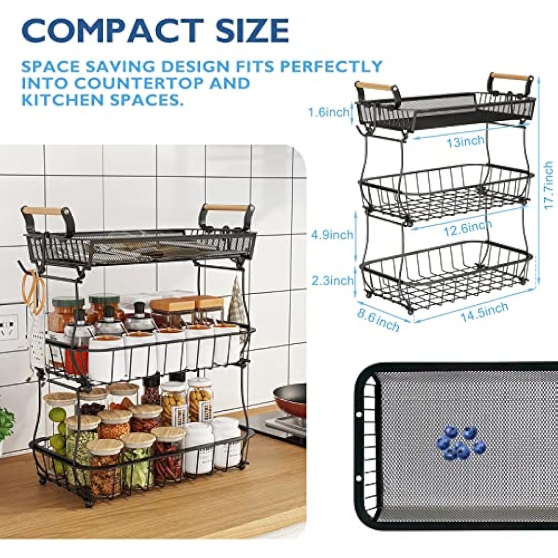 ANTOPY 3 Tier Fruit Basket with 2 Banana Hangers, Countertop Vegetable Bowl Kitchen Counter Metal Mesh Fruits Stand Produce Holder Organizer Onion Potato Bread Snack Veggie, Black