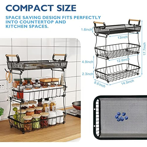 ANTOPY 3 Tier Fruit Basket with 2 Banana Hangers, Countertop Vegetable Bowl Kitchen Counter Metal Mesh Fruits Stand Produce Holder Organizer Onion Potato Bread Snack Veggie, Black