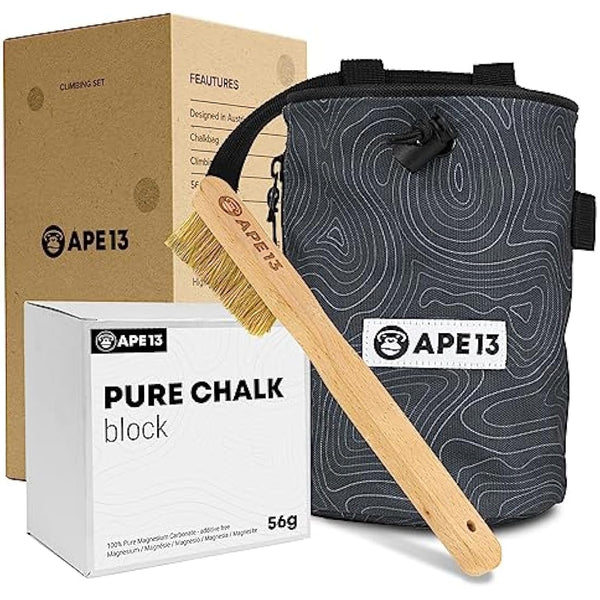 APE13® Chalk Bag zum Klettern und Bouldern (als Set & Einzeln) - inkl. Gurtband, Tasche, Halter für Bürste - Boulder Beutel für Magnesium - Kletter Chalkbag groß für Kalk/Kreide/Magnesia