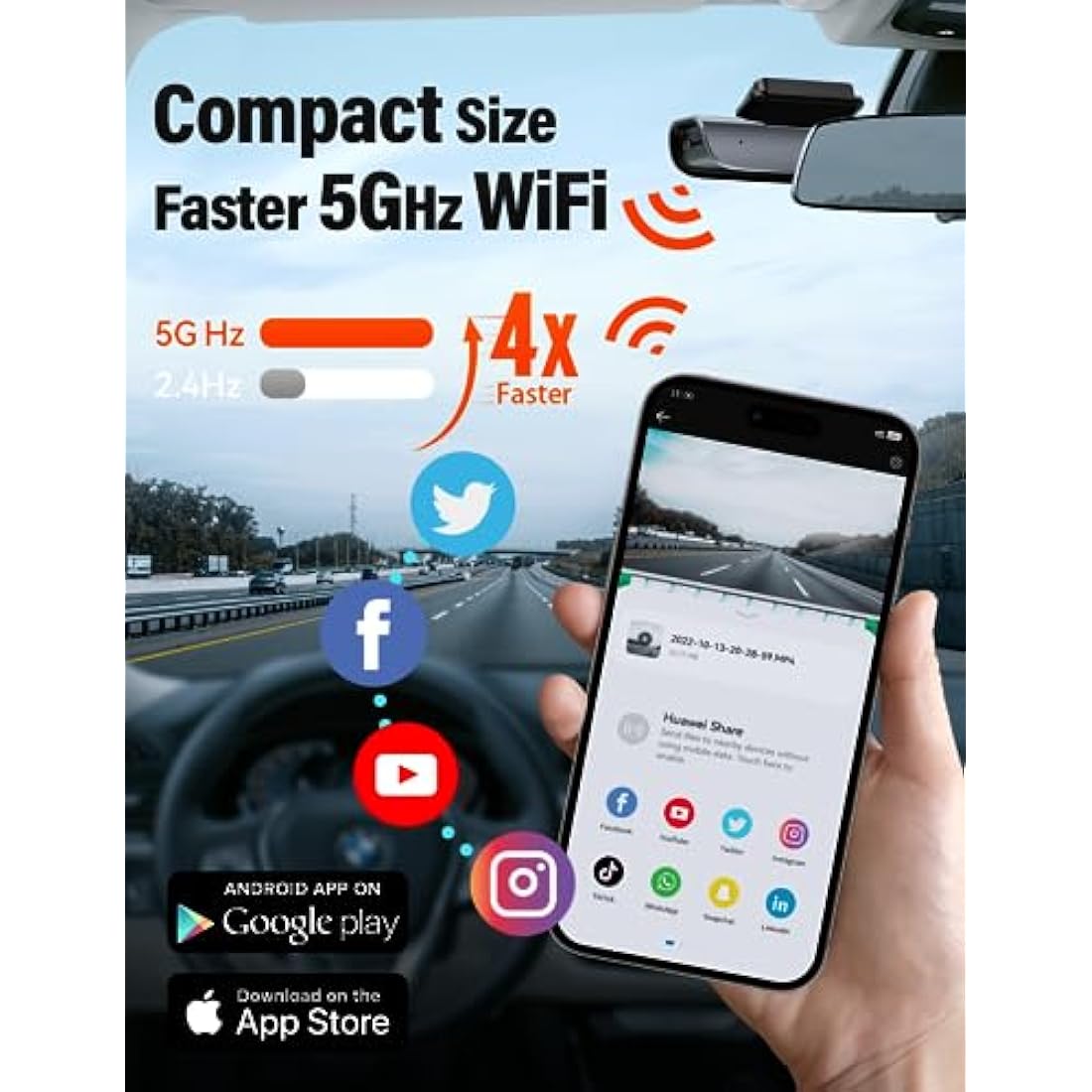 IIWEY EY02 4K Dash Cam Front and Rear Built-in 5GHz WiFi, Dual Dash Cam Front 4K Rear 1080P Car Camera, Free 64GB SD Card, Super Night Vision, App Control, Supercapacitor, Parking Mode, USB C Port