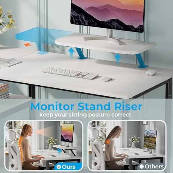 GreenForest Computer Desk with Monitor Stand,100cm Home Office Desk with Reversible Storage Shelves,Study Desk for Small Spaces,White