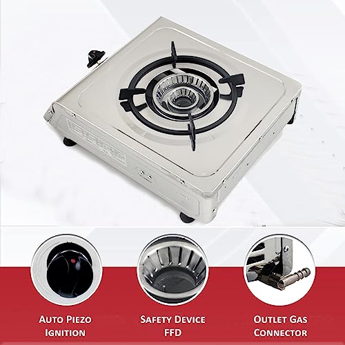 NJ-100SD Indoor Gas Stove - Single Burner Portable Gas Hob LPG Cooker Caravan Cooktop Stainless Steel Freestanding Table Top for Home Kitchen Camping