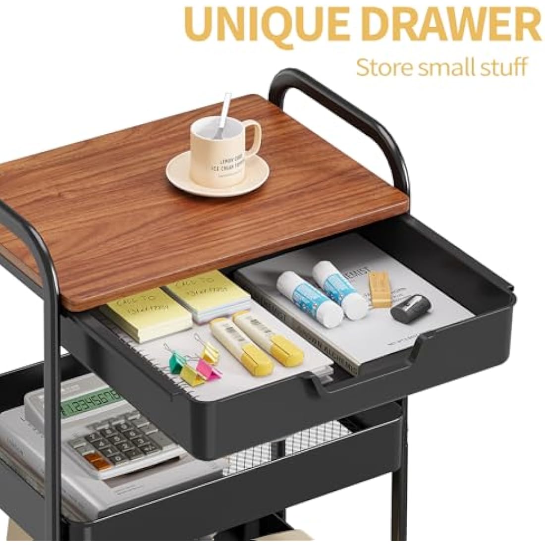 KINGRACK 3-Tier Storage Cart with Tabletop, Multifunctional Metal Cart for Kitchen, Home, Office, Bathroom, Black