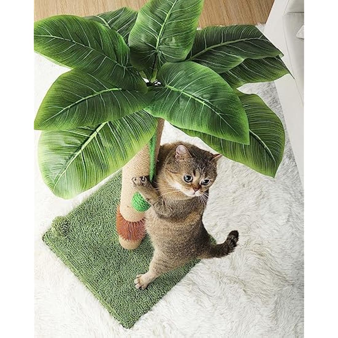 ANWA 35" Tall Cat Scratching Post for Kitten and Large Cats, Scratching Post for Indoor Cats with Self-Grooming Rubber Brush, Cat Sisal Post with Simulated Leaves, Green