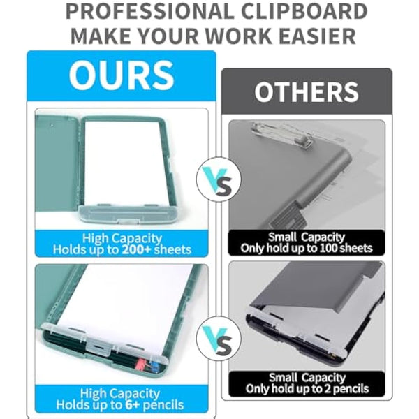 DMFLY Clipboard with Storage, Heavy Duty Clip Boards with Pen Holder, A4 Plastic Clipboards with Compartment, Holds 6+ Pencils and 200+ Sheets, Strong Clipboards with Low Profile Clip, Great for Work