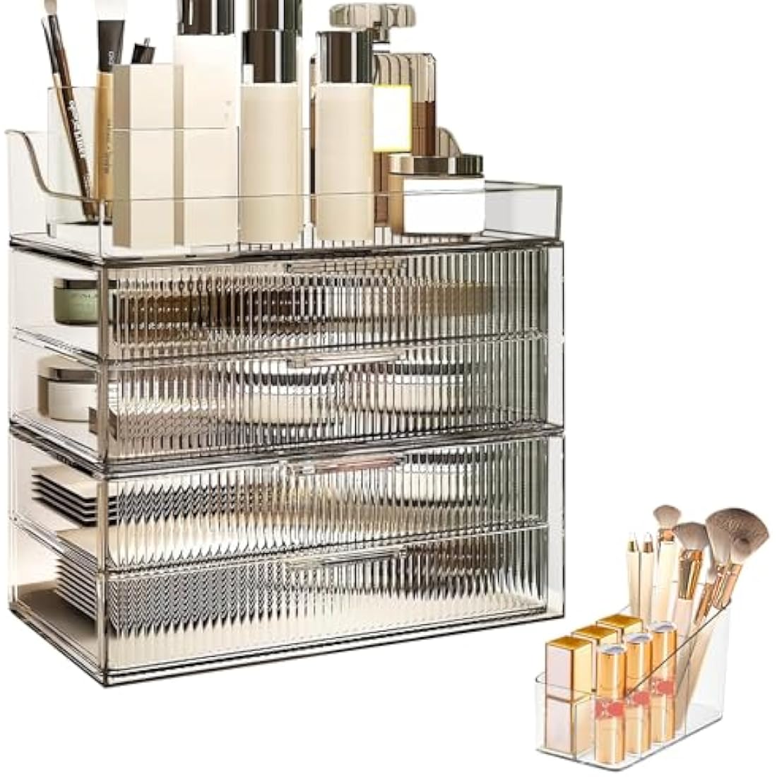 DASITON Clear Dustproof Four layers Storage Box,Makeup Brush Holder,Large Capacity Desktop Storage Box with Drawer,for Beauty Products,Perfume,Jewelry,Nail Polish