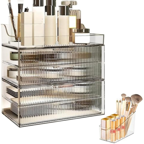 DASITON Clear Dustproof Four layers Storage Box,Makeup Brush Holder,Large Capacity Desktop Storage Box with Drawer,for Beauty Products,Perfume,Jewelry,Nail Polish