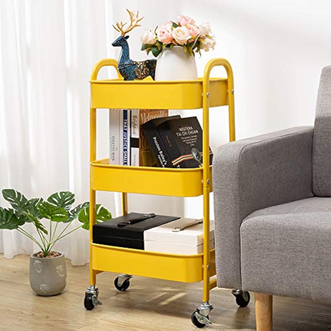 DOEWORKS 3 Tier Storage Trolley on Wheels Rolling Kitchen Trolley Craft Trolleys Beauty Trolleys Metal Storage Utility Cart for Books Room Bathroom Office, Yellow