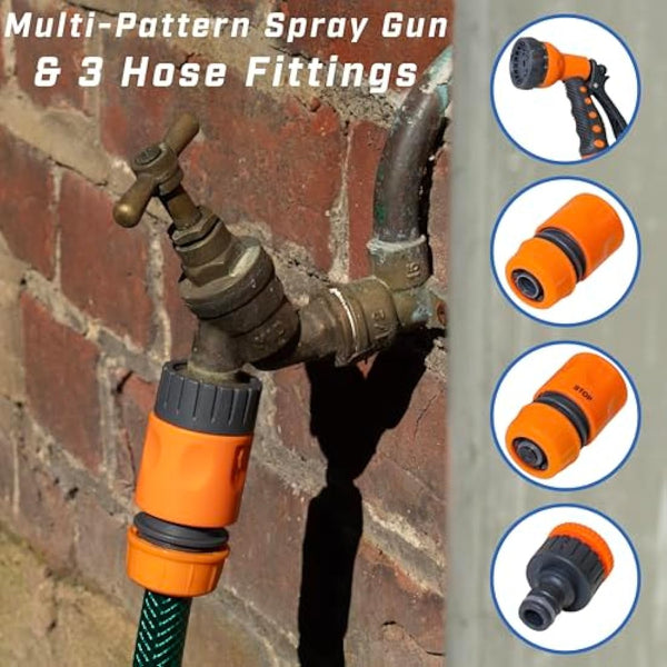 Faithfull 50M (164ft) Reinforced Hose Kit – PVC Garden Hose Pipe with 3 Fittings & Multipattern Spray Gun