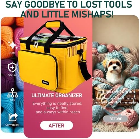 Hoshin Knitting Bag for Yarn Storage, Portable Crochet Tote Bag Yarn Organizer for Crochet Patterns and Hooks, Needles, Skeins of Yarn-Enjoy Knitting/Crocheting Anywhere(Yellow)