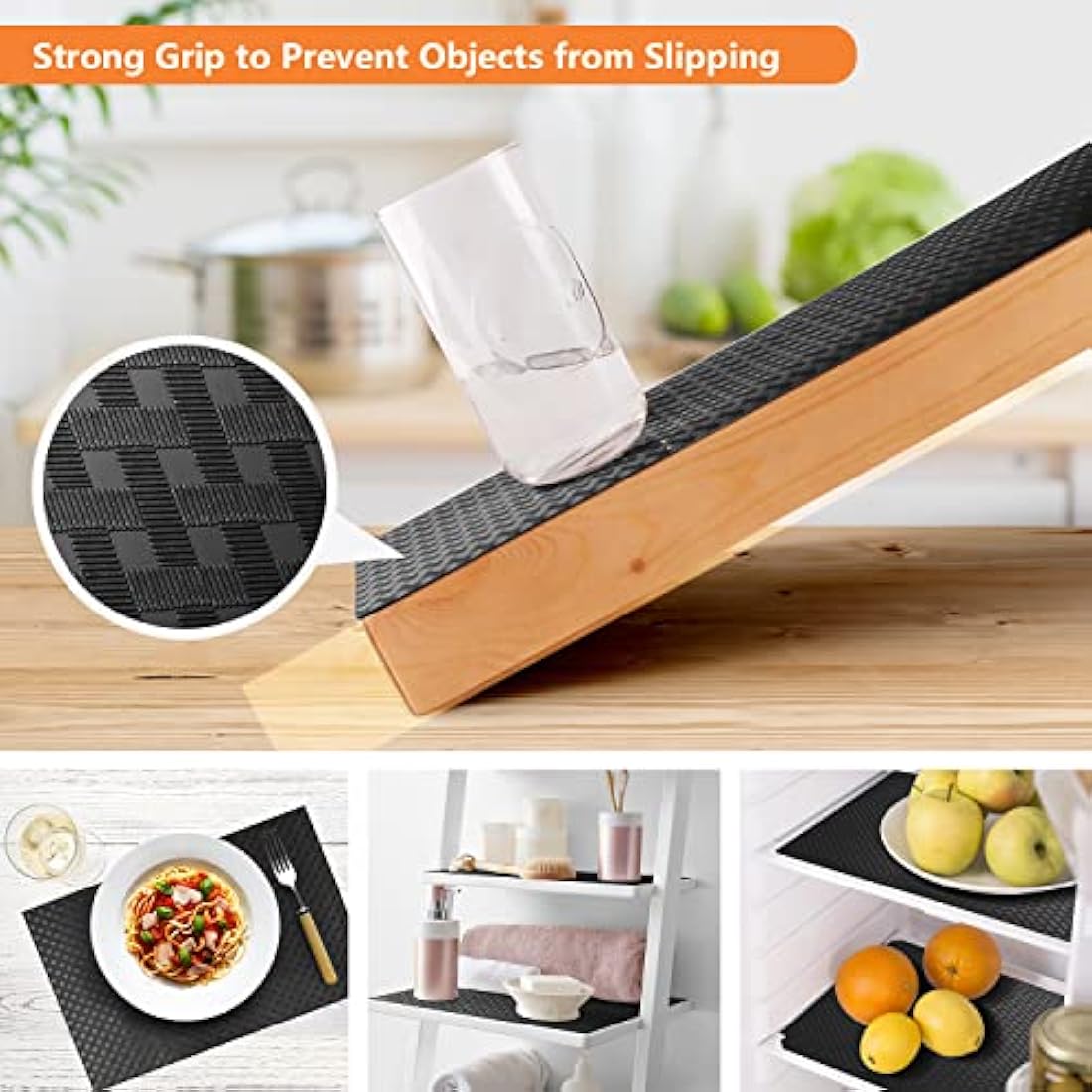 Shelf Liners for Kitchen Cabinets & Refrigerator - Waterproof & Oil-Proof Non-Slip Drawer Mats - EVA Material Non-Adhesive - Black - 17.5 x 393.7 Inches