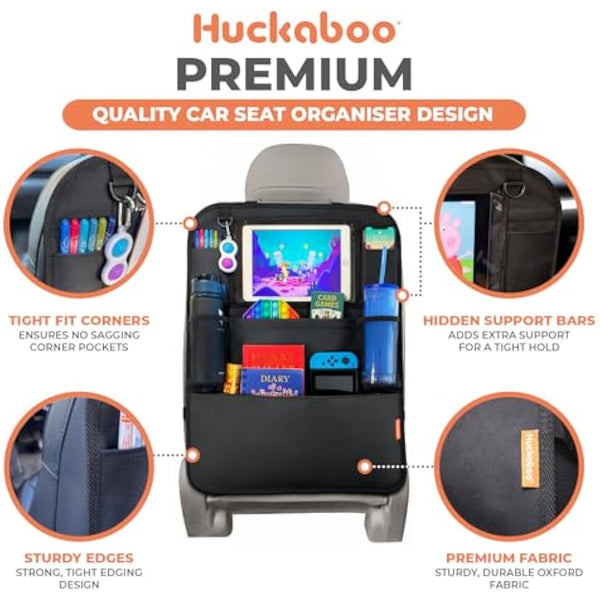 Huckaboo Car Seat Organiser - Kids Back Seat Organiser, Storage Pockets, Screen Holder, Black, 1 Pack
