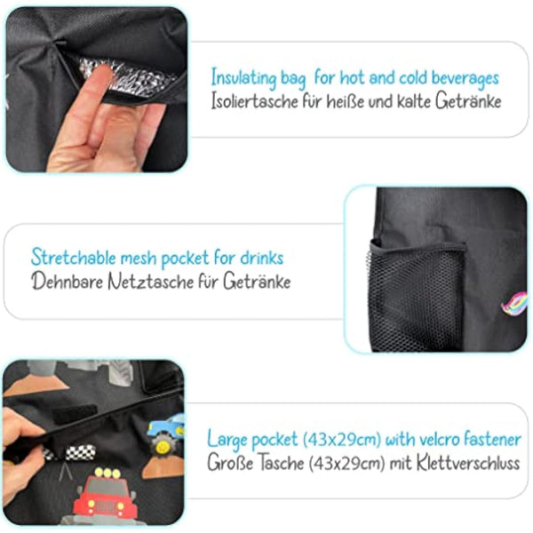 HECKBO 1x car backseat organizer with adjustable tablet pocket for tablets up to 20 inches with touch foil - monster truck - universal fit - incl. thermo pocket + stretch net pocket - washable