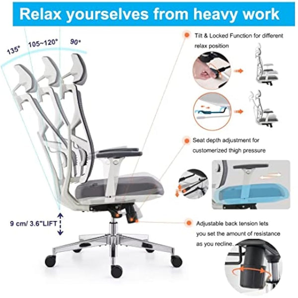 HOLLUDLE Ergonomic Office Chair with Adaptive Backrest, High Back Computer Desk Chair with 4D Armrests, Adjustable Seat Depth, Lumbar Support and 2D Headrest, Swivel Task Chair, White