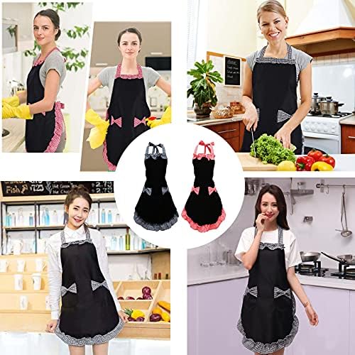 2 Pcs Women Cute Apron, Ladies Black Aprons With 2 Pockets, Waterproof Kitchen Aprons for Women, Chef Apron for Cooking Baking Gardening, Premium Aprons As Gifts for Mom Wife Girlfriend Grandma