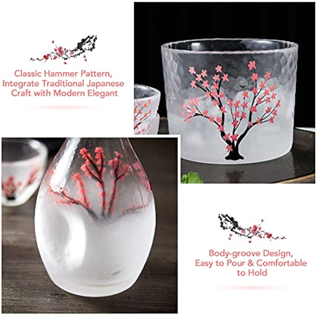 DUJUST Japanese Sake Set for 4, Handcraft Pink Cherry Blossoms Design, 1 Sake Bot