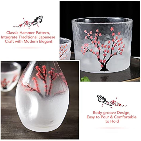 DUJUST Japanese Sake Set for 4, Handcraft Pink Cherry Blossoms Design, 1 Sake Bot