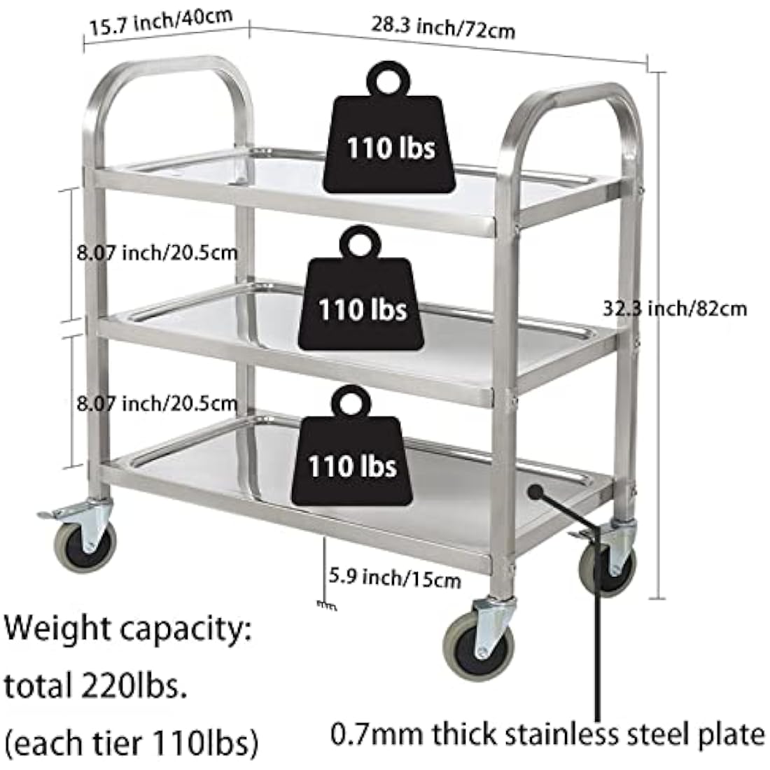 HLC 3 Tier Stainless Steel Serving Catering Trolley Wheels Utility Cart Kitchen Cart Serving Trolley with Locking Wheels for Kitchen Hotels - 750x400x835MM