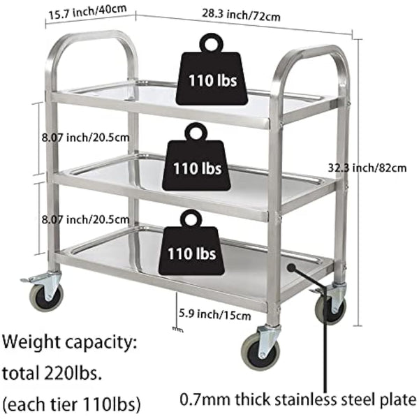 HLC 3 Tier Stainless Steel Serving Catering Trolley Wheels Utility Cart Kitchen Cart Serving Trolley with Locking Wheels for Kitchen Hotels - 750x400x835MM