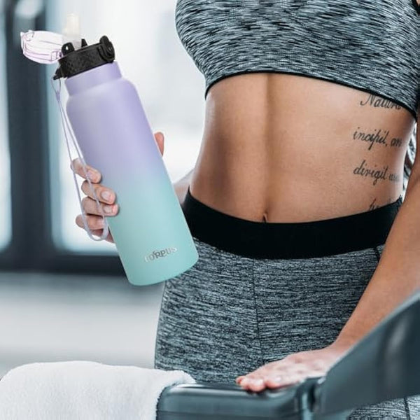 GOPPUS 750ml/26oz Stainless Water Bottle with Straw Double Wall Insulated Bottles with Strap Reusable Vacuum Thermal Flask Leakproof Keep Cold Drinks Bottles with Flip Top Lid for Men Women BPA Free