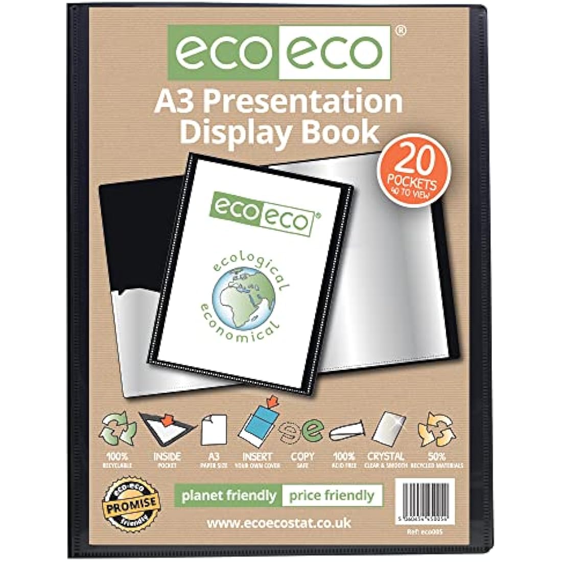 eco-eco A3 Size 50% Recycled 20 Pocket Black Presentation Display Book, Storage Case Portfolio Art Folder with Plastic Sleeves
