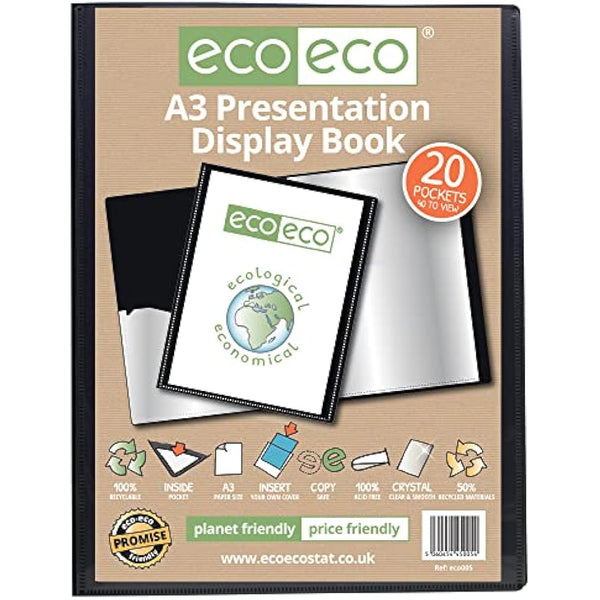 eco-eco A3 Size 50% Recycled 20 Pocket Black Presentation Display Book, Storage Case Portfolio Art Folder with Plastic Sleeves