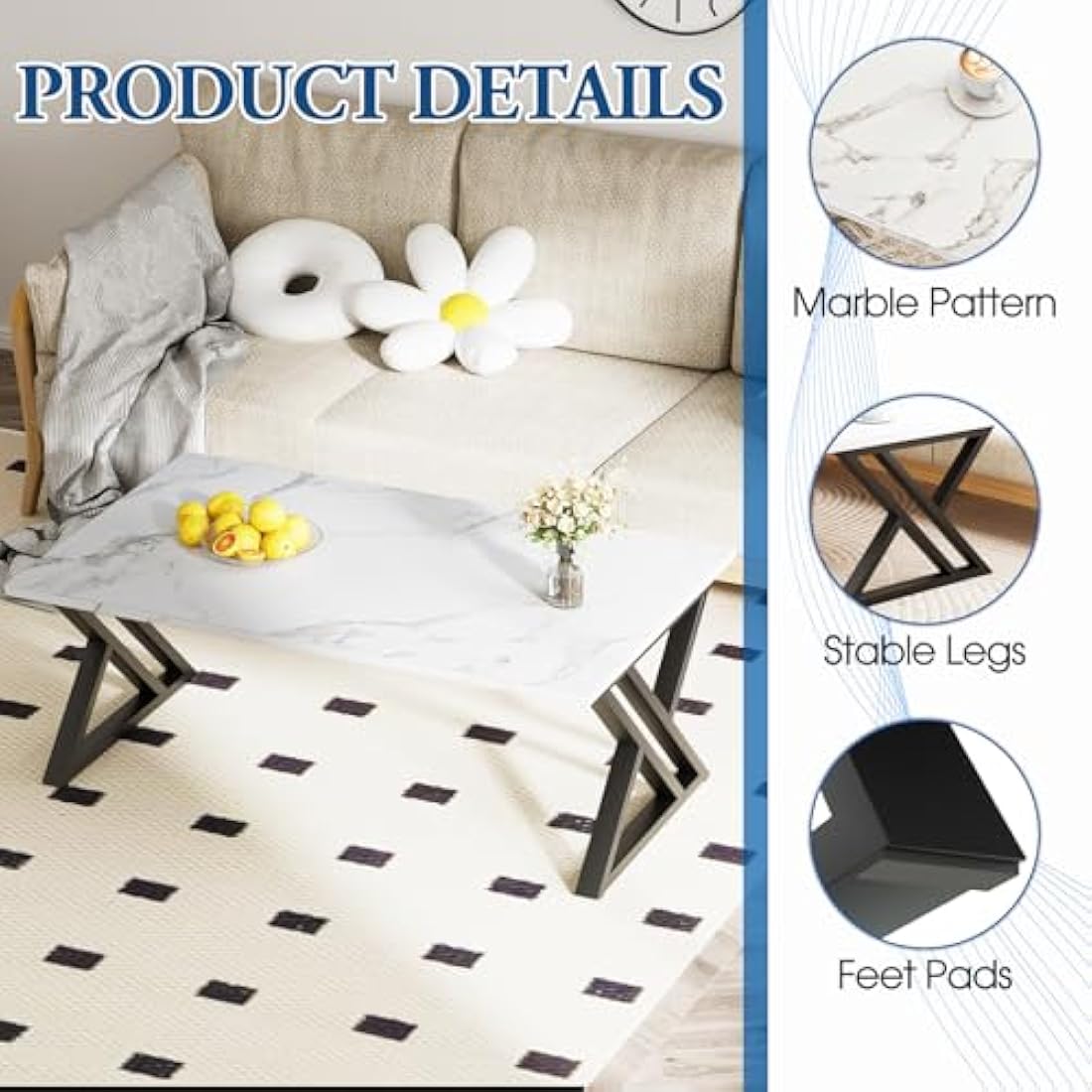 Coffee Table, Living Room Table, Center Tea Tables, Rectangular Tea Tables, End Sidetable with Black Metal Frame for Living Room Bedroom Office, Modern Open Design, 39.3 x 18.9 x 17.7 IN, White/Black