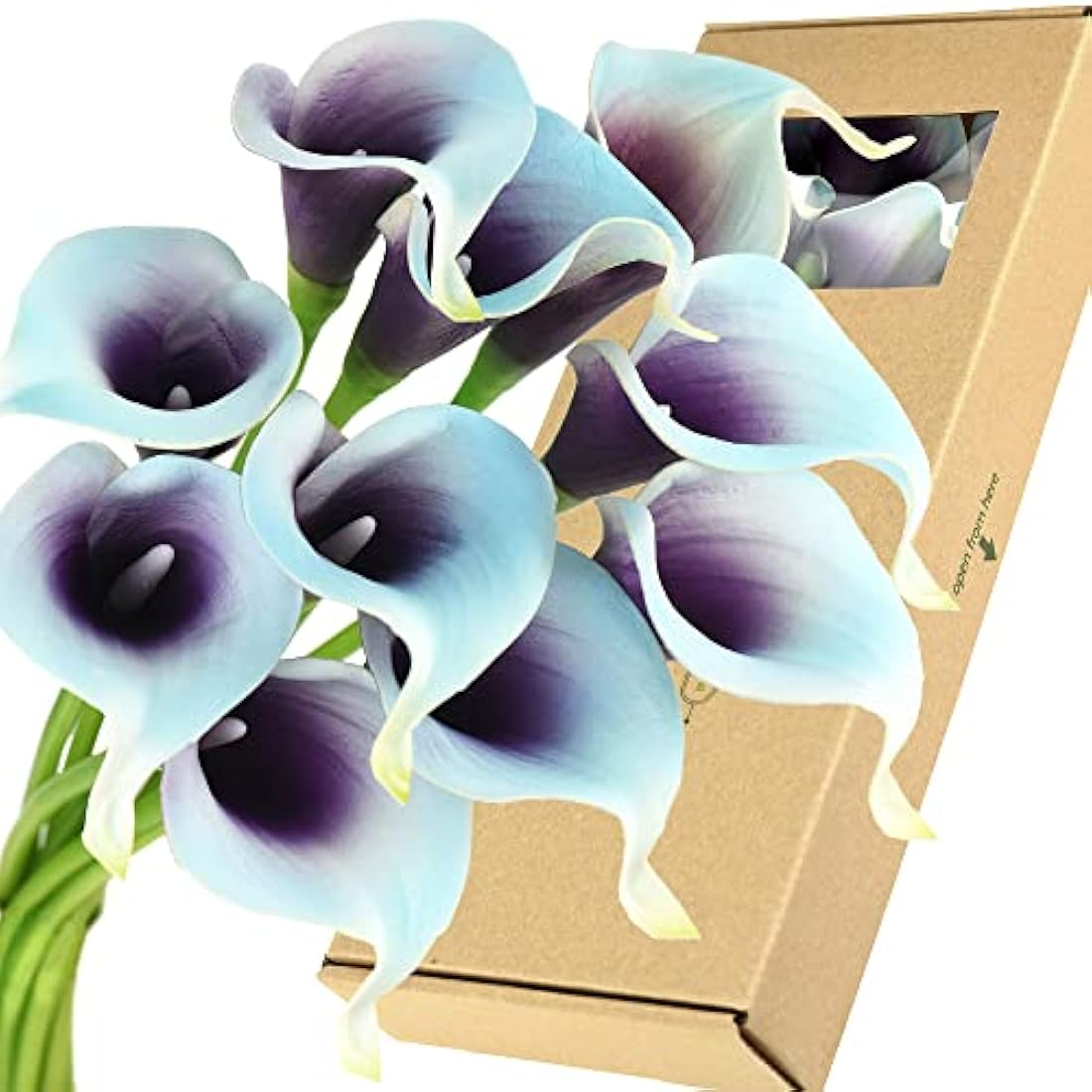 FiveSeasonStuff 10 Stems of Real Touch Calla Lilies Artificial Flower Bouquet, Perfect for Wedding, Bridal, Party, Home Office Décor DIY (Blue & Purple)