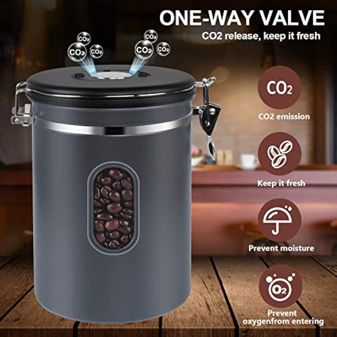 2800ML Airtight Coffee Canister with Date Tracker and Transparent Window, 35OZ Coffe Beans Storage with 30ML Measure Spoon&4 co2 Valve, Coffee Container for Grounds Coffee, Beans, Tea, Sugar&Flour