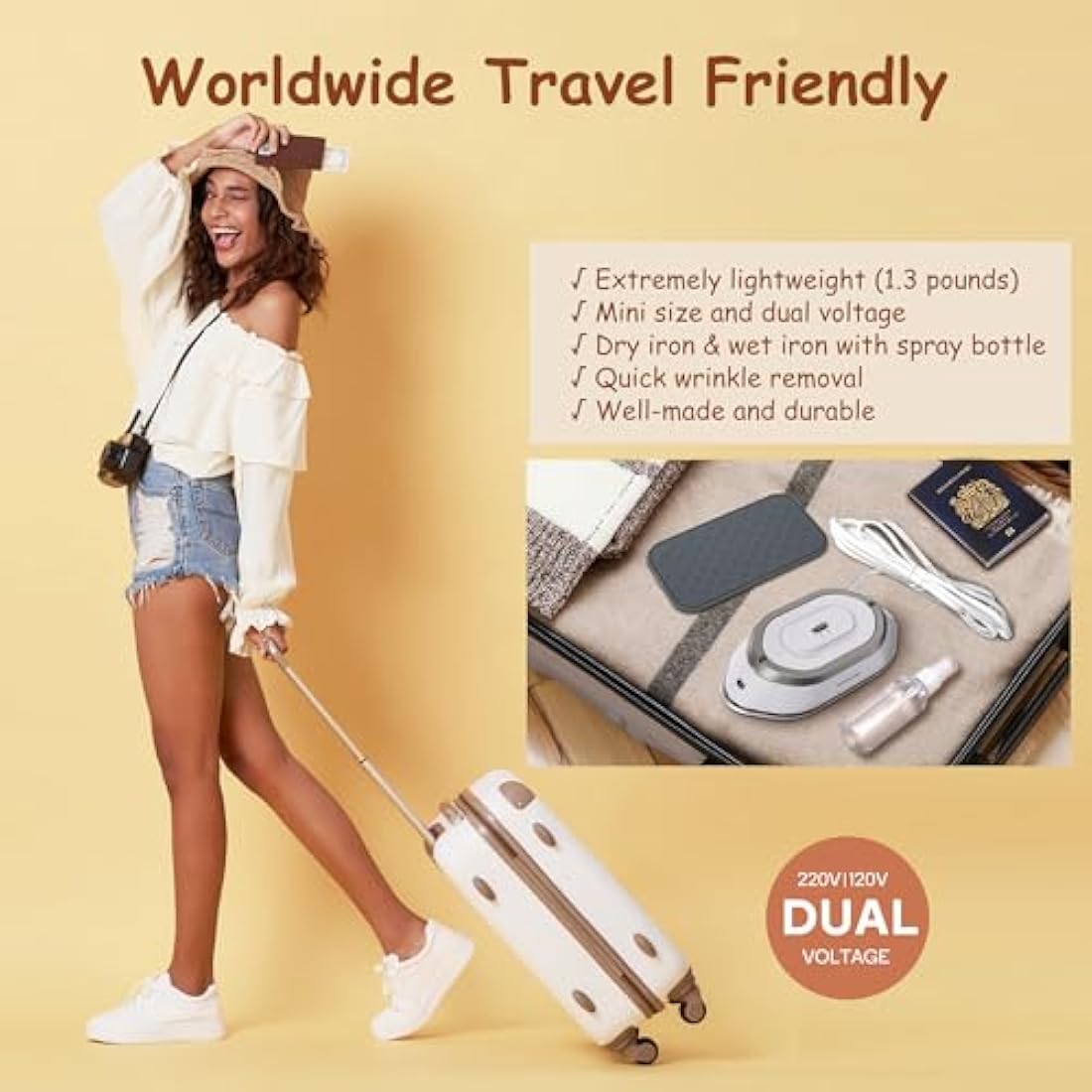 Newbealer Travel Iron - Mini Iron with Dual Voltage-220V/120V for Clothes, Compact Iron with Small Pouch for Global Travel, Quilting & Sewing, Silver