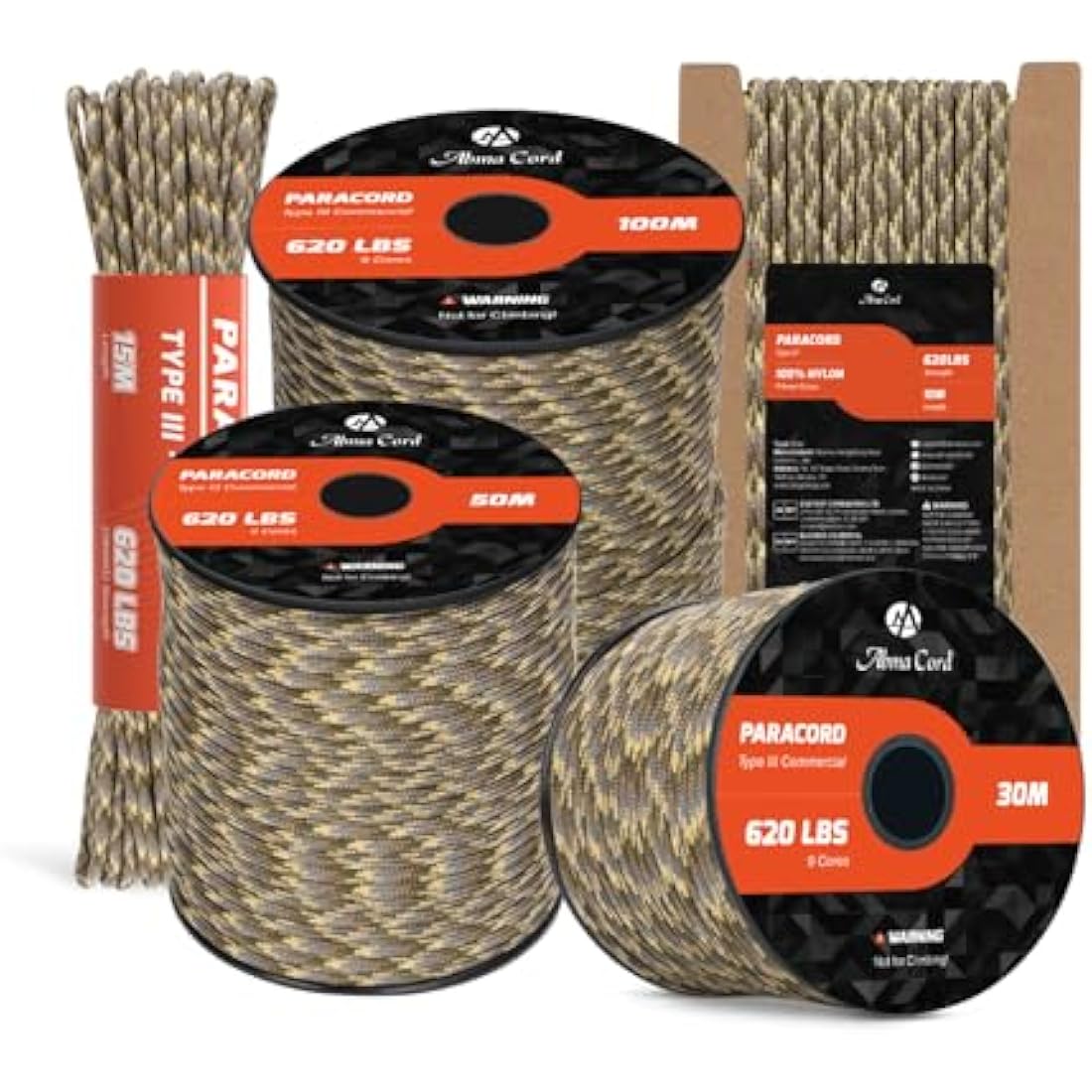 Abma Cord Paracord 4mm 100m 100% Nylon Rope 9 Strands Type III Parachute Cord for DIY, Camping, Survival, Outdoor - Max. 280kg - Woodland Camo