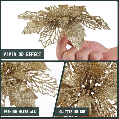 12pcs Glitter Poinsettia Christmas Artificial Flowers Christmas Tree Floral Ornaments Decorations Xmas Tree Pendant Christmas Wreath Filler (Golden)