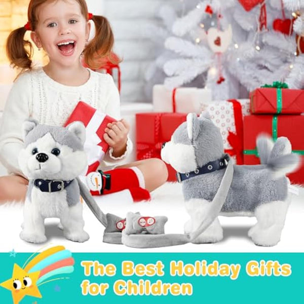 Marsjoy Husky Walking and Barking Puppy Dog Toy with Control Leash,Realistic Wagging Tail Robot Interactive Musical Dancing Animated Plush Stuffed Animal Electronic Pet for Kids Toddlers
