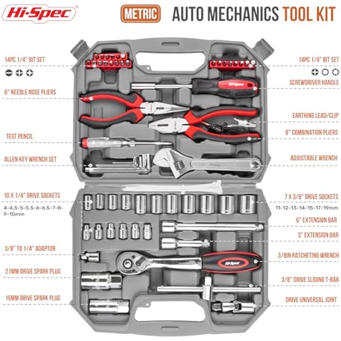 Hi-Spec 67pc Car Repair & Motor Mechanics Vehicle Tool Kit Set for Home Garage and Roadside DIY. Auto Tools in a Compact Toolbox Case of Pliers, Ratchet Wrench and Sockets