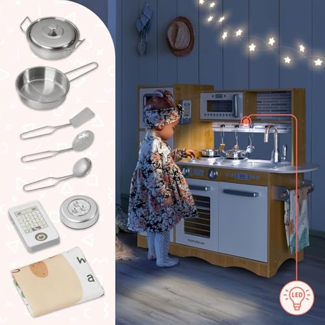Mamabrum Baby Toys Play Kitchen with LED Lightning System, Wooden Kids Toys, Role Play Kitchen Accessories Included Pretend Play Toy Kitchen for Kids Little Chef Kitchen Playset, Natural Wood