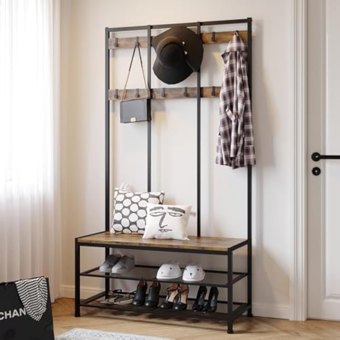 Dripex Large Coat Rack Stand Industrial Coat Stand with Hooks and Shoe Bench Clothes Hat Rack Shelf Metal Frame for Bedroom Living Room Hallway (with 12 Hooks)