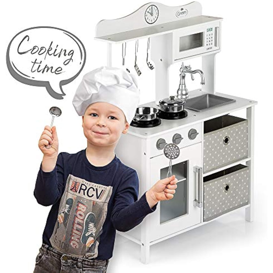 Green Series Kinderplay Children's Kitchen – Children's Wooden Kitchen | Children's Kitchen 2 Years | Kitchen for Children 3 Years | Children's Kitchen 5 Years | Children's Kitchen Height 87 cm,