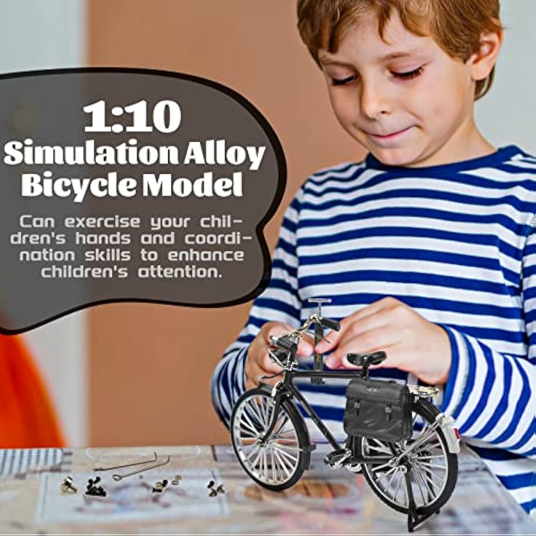 1PCS Retro Bicycle Model Ornament for Kids, 51 Pcs Simulation Mini Bike Model Scale Kit with Inflator & Briefcase, 1:10 Creative Iron Art Tabletop Ornament Toys for Gifts Home Office Decor (BLACK)