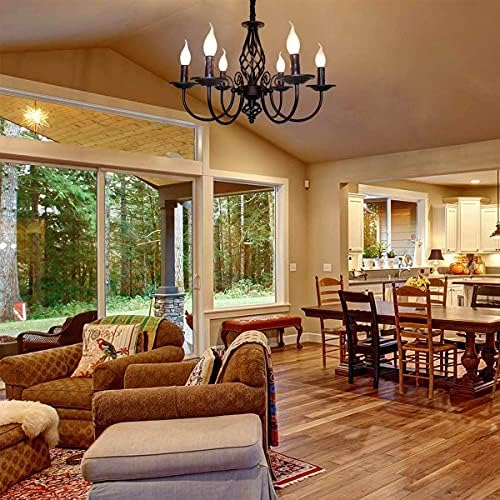 JIINOO Rustic Pendant Chandelier, French Country Vintage 6 Lights Chandeliers Farmhouse Pendant Light Fixture Height Adjustable Candle Wrought Iron Chandelier for Kitchen,Dining Room,Living Room,Foyer