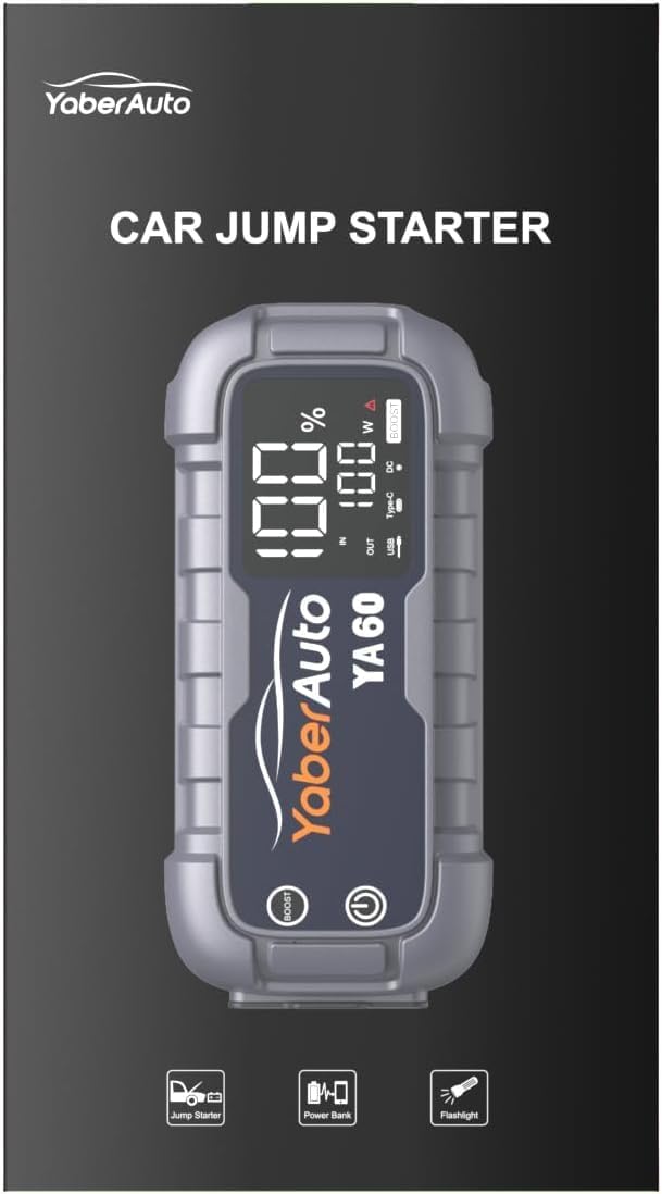 Jump Starter Power Pack 6000A 26800mAh YaberAuto Car Battery Booster, Portable Car Jump Starter Power Bank (for All Gas/12L Diesel) with Heavy-duty Jump Leads, 65W Fast Charging, 600 Lumens Light