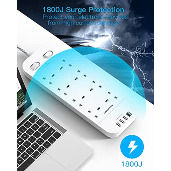 3M Extension Lead with 4 USB Slots, 8 Way Outlets Power Strip with 1800J Surge Protection, Double Switch Plug Extension with 10FT Braided Extension Cable for Home, Dorm Room, Office Accessories