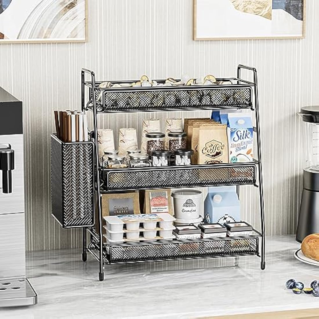 EKNITEY Bathroom Countertop Organiser Shelf - 3 Tier Counter Spice Rack Metal Makeup Rack Small Coffee Station Organizer for Sink/Bedroom/Living room/Kitchen/Office Balck